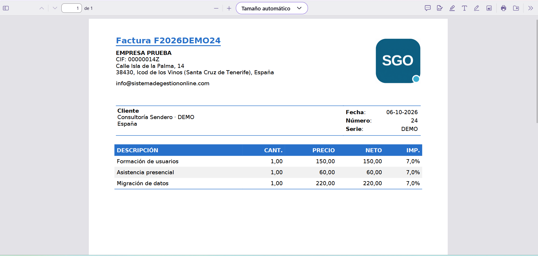 Vista previa de una factura en PDF generada por FacturaScripts